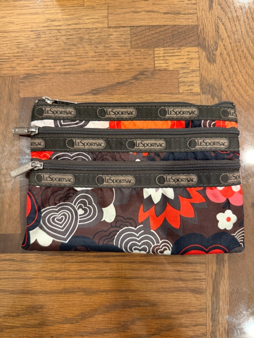 LeSportsac Brown, Black, Red, White Floral Triple-Zip Pouch